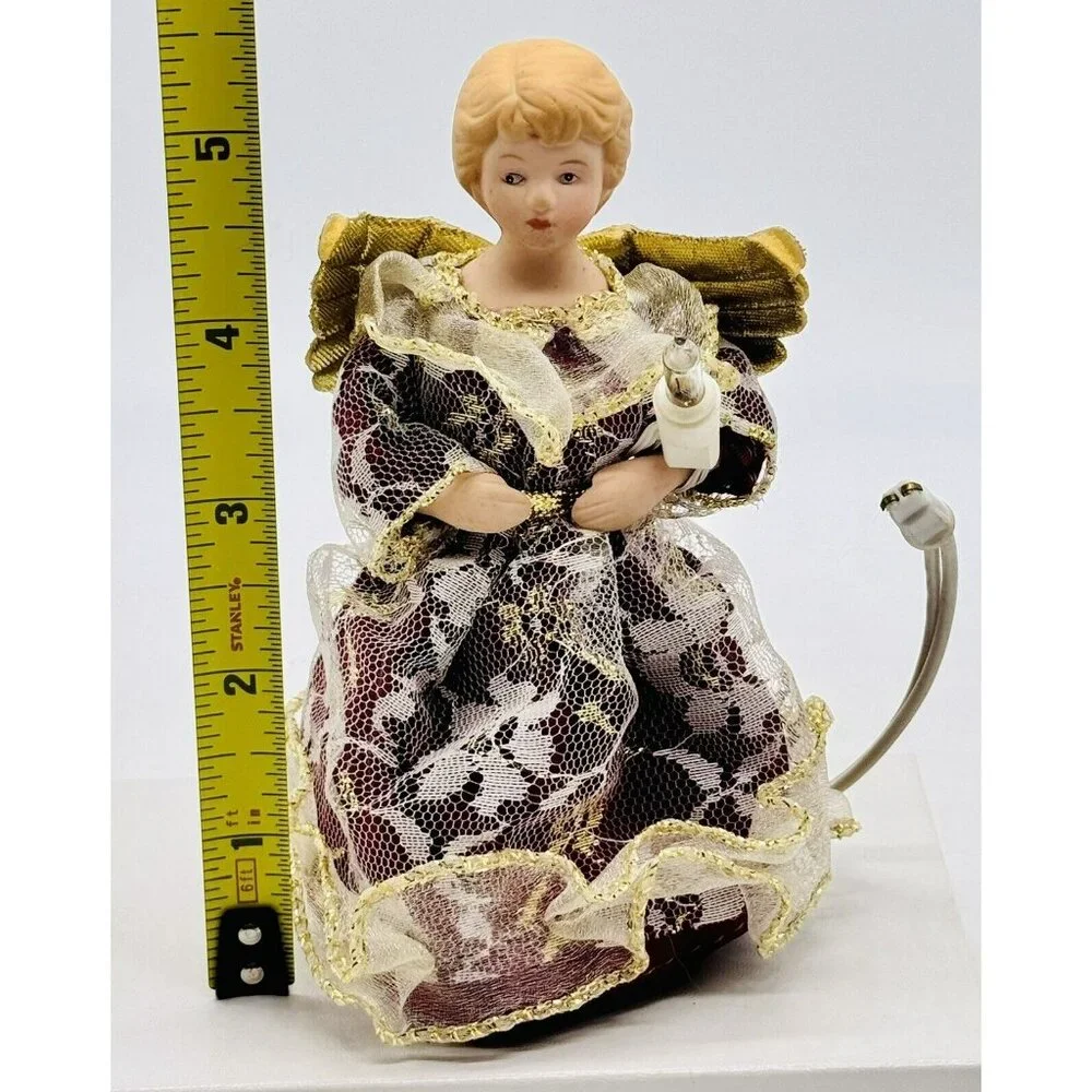 Vintage Miniature Angel Tree Topper Porcelain‎ Head Lighted 5.5 inch Red Dress - Picture 6 of 6